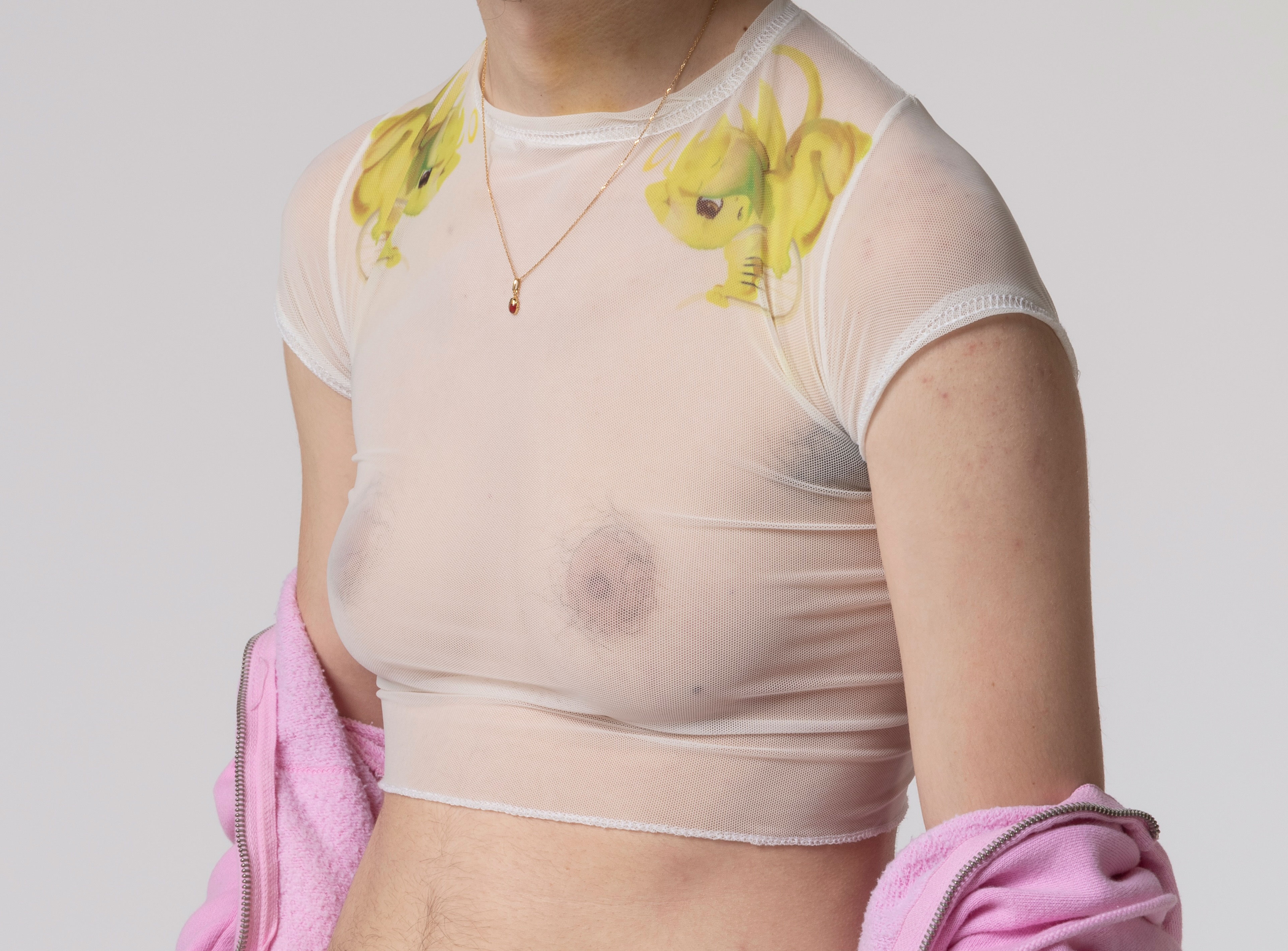 A picture of a bust of a white man with breasts wearing a see-through white mesh shirt with two green cherub green cats drawings on the shoulders. The cat cherubs are holding harps, have wings and halos. The image cuts off the white man's head